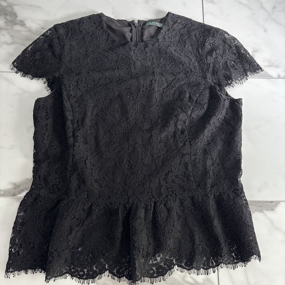 Lauren Ralph Lauren Size 14 Black All Over Lace Scalloped Peplum Blouse